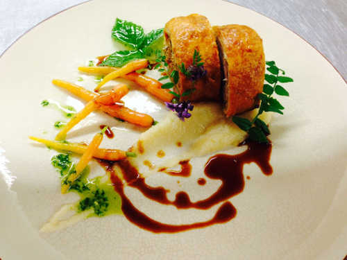 slow cooked goat in puff pastry (a sort of ‘goat wellington’), which he serves with baby carrots, celeriac purée and a little wild garlic