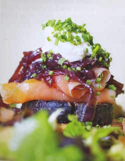 Achill Island organic smoked salmon with Kelly's black pudding, red onion marmalade and creme fraiche, with warm boxty