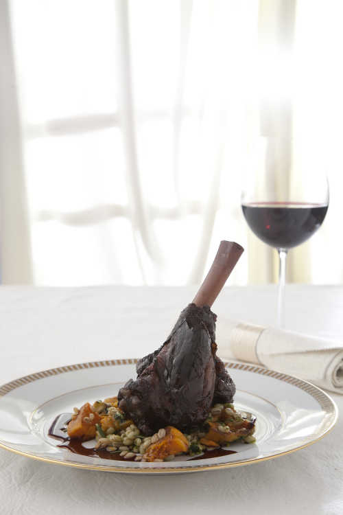 Slow cooked Lamb Shanks in Rioja with pearl barley and wild garlic oil