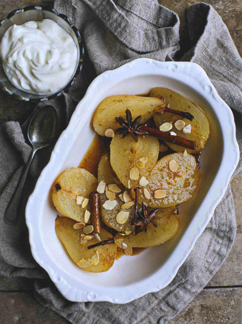 Spiced Poached Pears with Creme Fraiche and Toasted Almonds