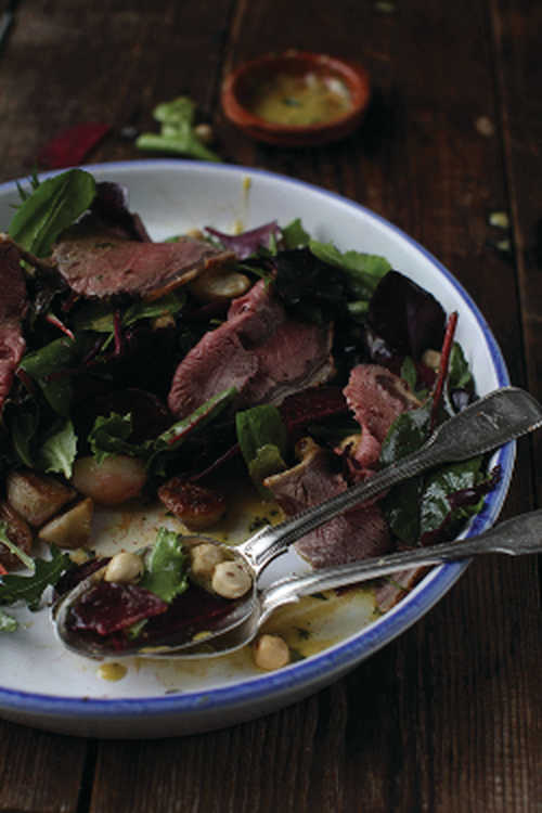 Beetroot, Jerusalem Artichoke and Skirt Steak Salad with Toasted Hazelnuts and Mixed Leaves, Tarragon Dressing