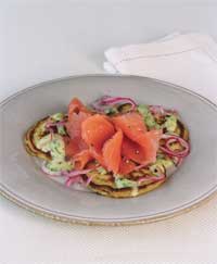 Smoked Salmon on Warm Potato Pancakes with Pickled Red Onion