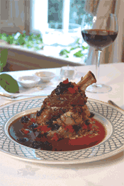 Braised Shank of Wicklow Lamb with Crushed Rosemary potatoes, Sun-dried Tomatoes and Kalamata Olives 