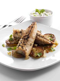 Grilled Mackerel Fillets with Indian Spiced Potatoes and Raita
