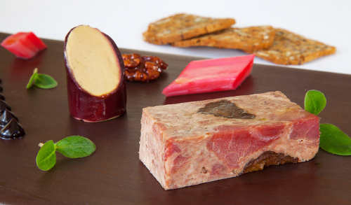 ON THE PIG’S BACK DUCK TERRINE & DUCK LIVER PATE, FOODS OF ATHENRY CRACKERS, CANDIED WALNUT, RHUBARB