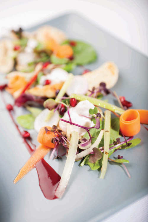 Whipped Goats’ Cheese Mousse, Bramley Apple & Celery Chutney, Dressed Leaves, Crisp Flat Bread