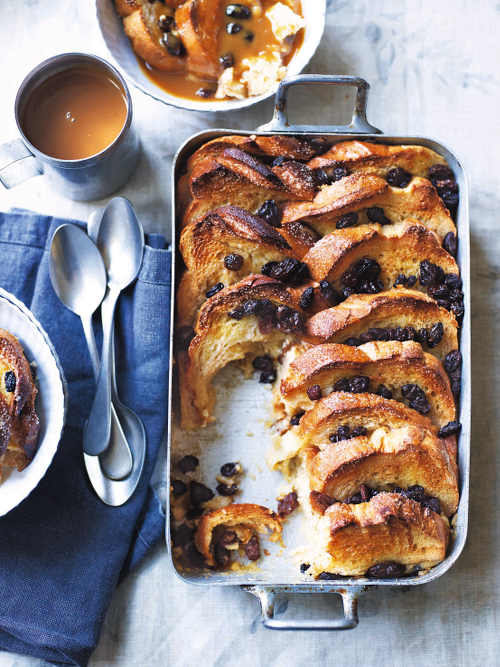 Salted Caramel Whiskey Bread and Butter Pudding with Raisins 
