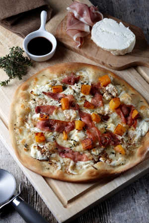 Butternut Squash & Goats Cheese Pizza with Prosciutto & Aged Balsamic