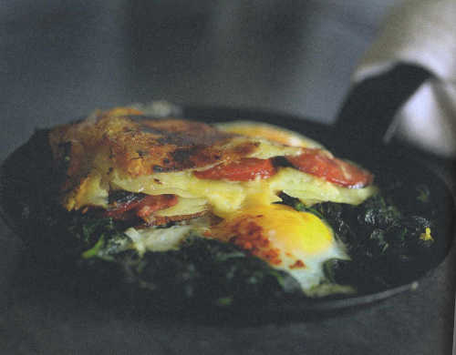 Gubbeen Cheese & Chorizo Potato Cake with Wilted Chard