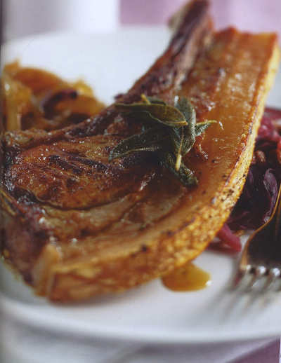 Crispy Pork Cutlet with Braised Sultana, Apple, Red Cabbage and Sweet Onion Cider Sauce