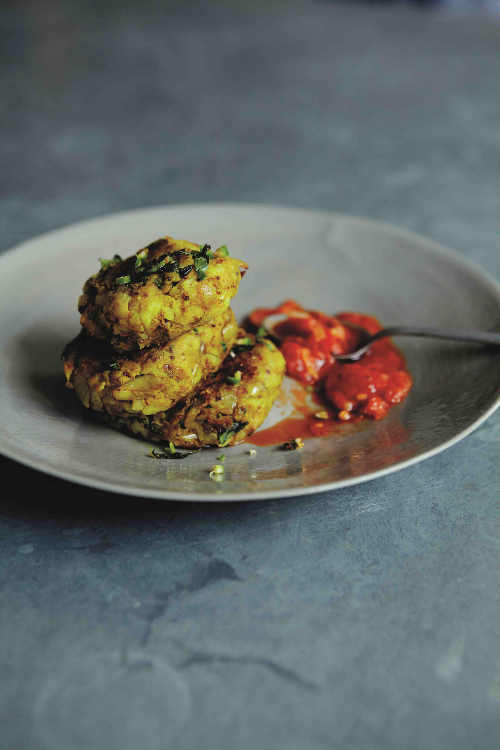 Aloo Tikki – Potato Fritters with Sizzled Tomatoes 