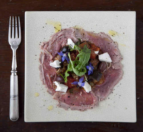 Lamb Carpaccio with Caponata, Knockalara sheeps cheese and rocket