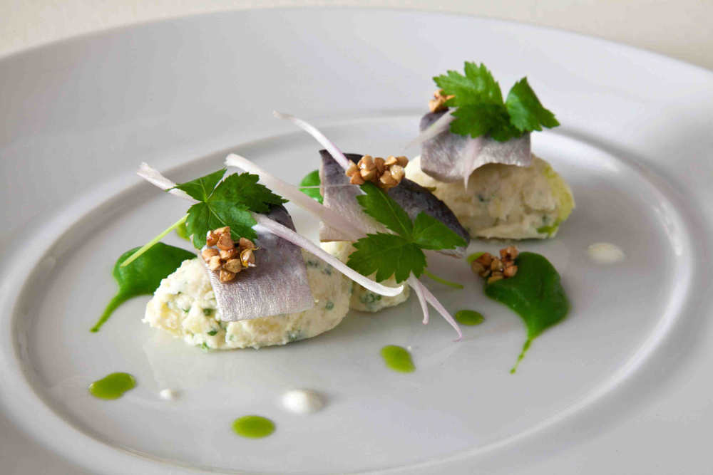 Salad of Silver Darlings Irish Herring, Potato, Green Leek Purée and Toasted Buckwheat