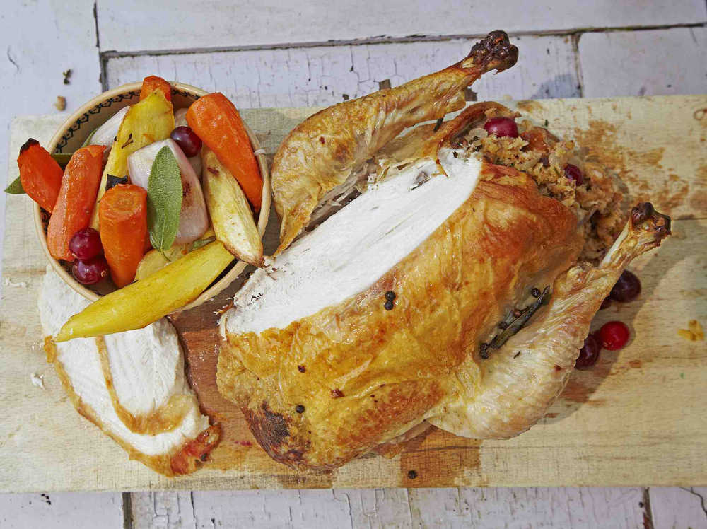Edward Hayden’s Whole Roasted Chicken with Sausage Meat Stuffing, Glazed Winter Vegetables