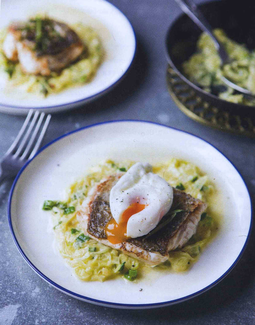 Pan-Fried Hake with Rosemary, Leeks and a Runny Poached Egg