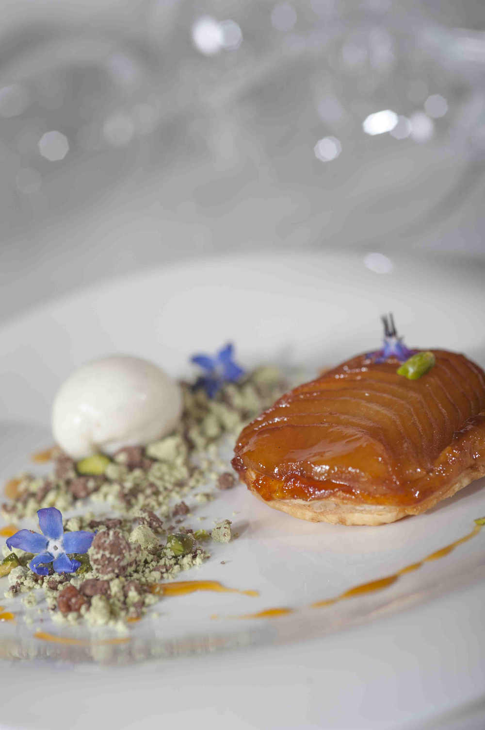 Irish Cider poached Apple Tart Tatin, Cinnamon Ice Cream, Pistachio Soil