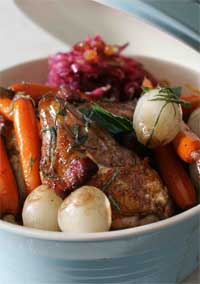 Pheasant roasted with  Smoked Bacon and Sage, with Red Cabbage Salad