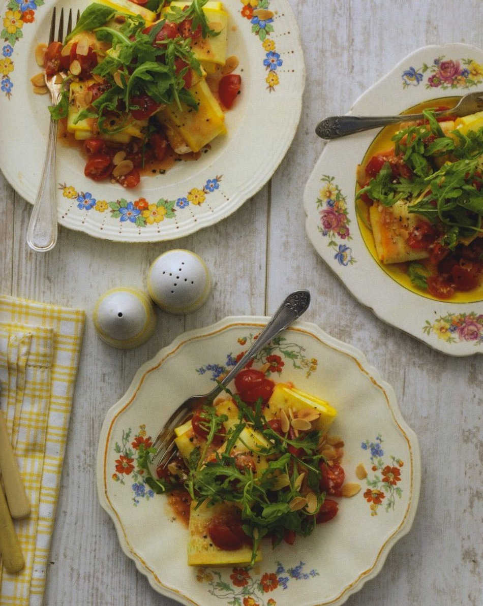 RICOTTA & ALMOND COURGETTE RAVIOLI with crushed tomato sauce