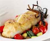 Recipe for Baked Cod on a bed of ratatouille with curry butter and a poppadom