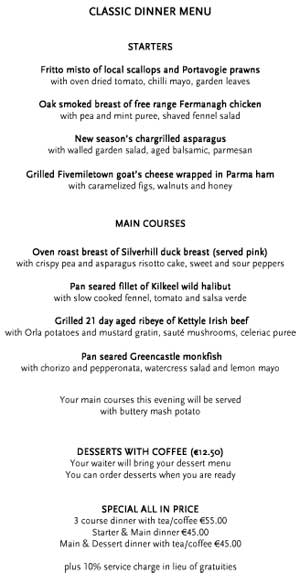 Rathmullan House Classic Menu