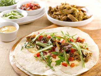 Slow Cooked Spiced Shoulder of Lamb Wraps with Roasted Garlic Aioli and Tomato Salsa