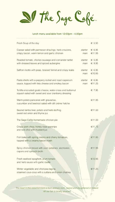 The Sage Cafe - Lunch Menu 1