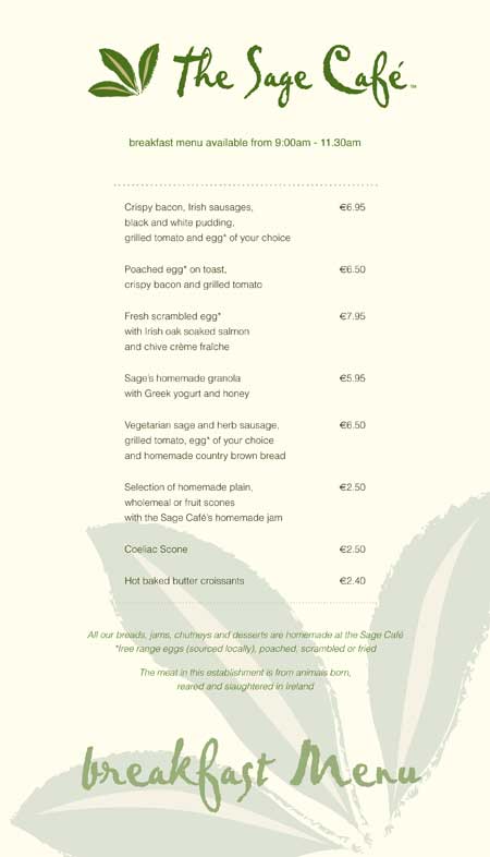 The Sage Cafe - Breakfast Menu 1